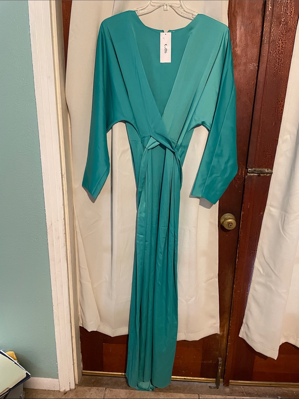ASOS Teal Green Maxi Dress with Deep V and Tie Waist